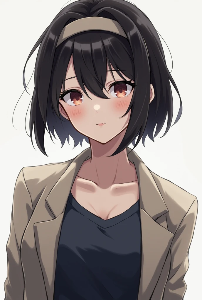 ((obra maestra, mejor calidad)), (1 girl in), (solo), (enfoque femenino), (ahoge, cabello blanco, cabello corto), ojos negros, sonrisa leve, boca abierta, ((camisa blanca), (camisa abotonada ), (brecha entre botones)), ((falda negra), (falda corta)), de pie, fondo blanco, arms behind back, Angle Dynamic, perfect tits