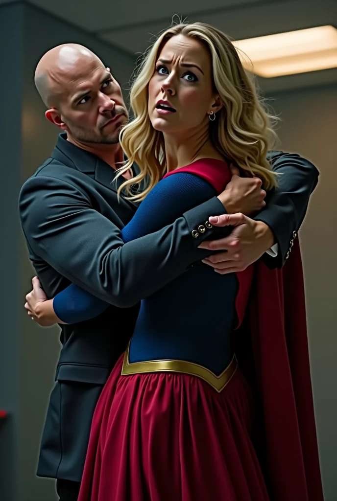 The Boss through controlling the body of the mind controlled girl through a mind control mask and wearing pink crop top and skirt uses his body switching technique to switch bodies with Super Girl, who wears her blue crop top uniform, mini skirt, red cape and boots