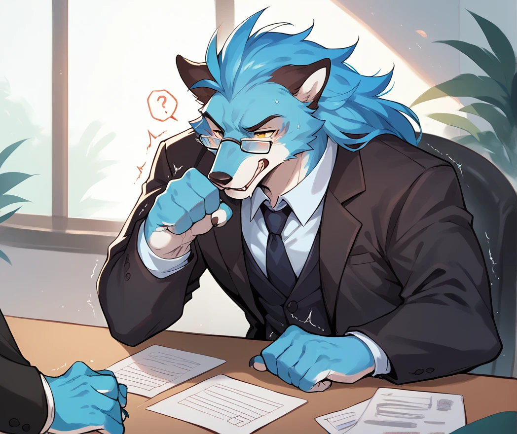 A wolf with circular glasses and a blue lion, white, wearing black suit, taking a seat, shaking hands in an office, in the afternoon