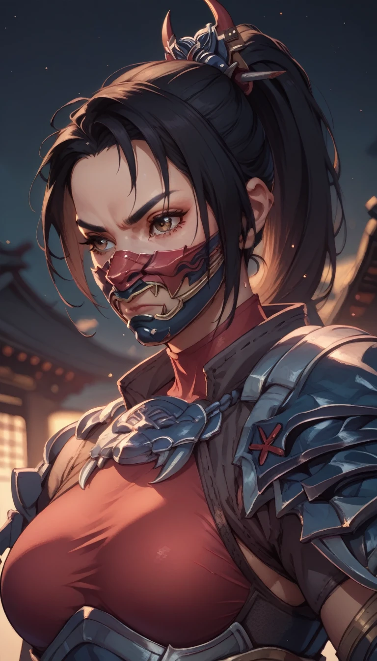 Taki,black hair,brown eyes,ponytail,hair ornament,
red bodysuit,mask,serious,shoulder armor,arm guards,skin tight,
standing,upper body,
edo period,night,