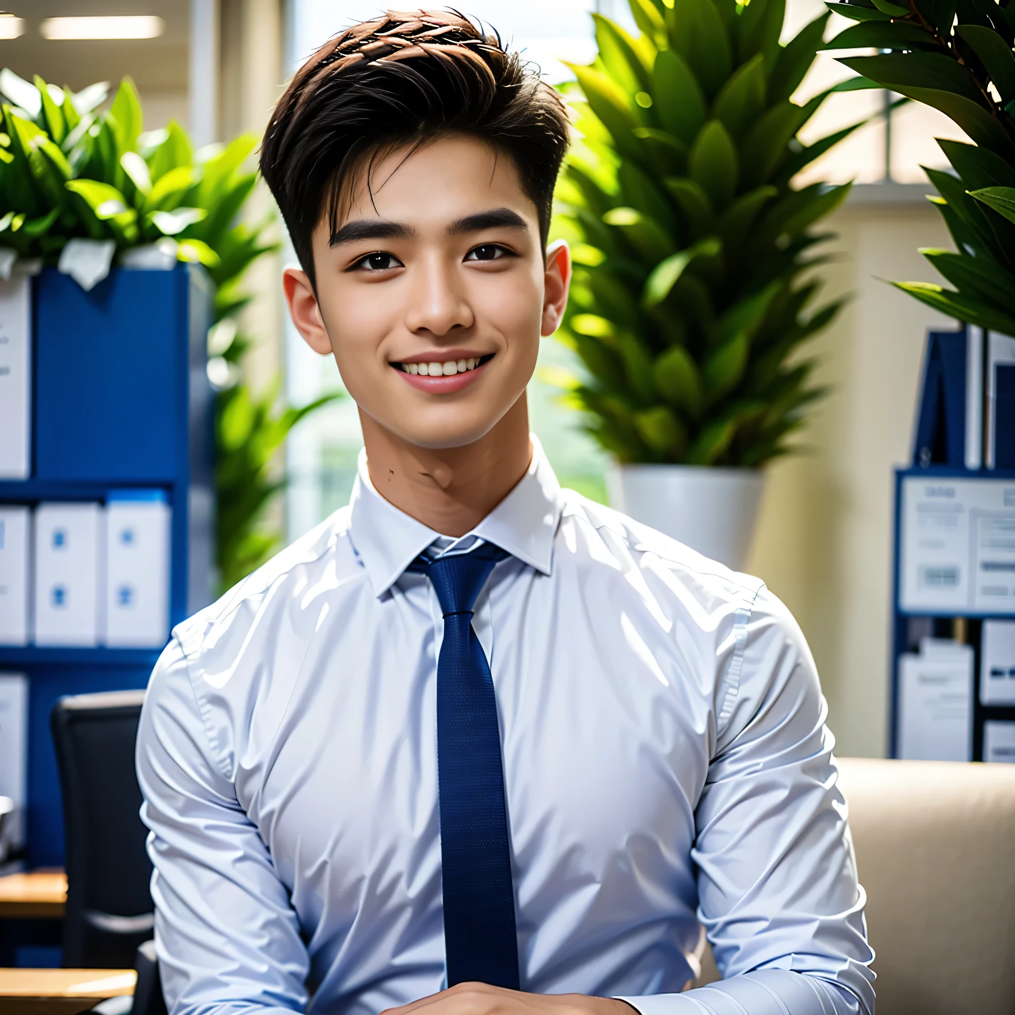 A perfectly groomed, youthful lad of 18 sits at a desk, beaming with a bright smile. (Short dark brown hair neatly parted at the side). He wears a ((pristine white dress shirt, without a tie)). This image captures a moment of joy and youthfulness, ((semi-realistic anime)). Every detail is crisp and vivid, showcasing the boy's shining eyes and immaculate appearance. The lighting is warm and inviting, adding a sense of intimacy to the scene. The image radiates a sense of innocence and freshness, drawing the viewer in with its high-quality composition