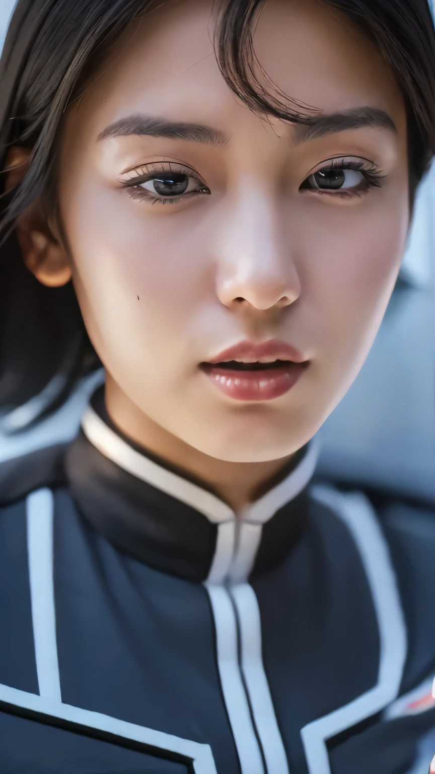 (Best Quality, 8k, 32K, masterpiece, Ultra-high resolution:1.2),Beautiful Japanese Women Photos, 40 years old、Slim figure、(from the front、close up:1.4)、(Straight black hair), (One Japanese woman、Hypnotized、Closed eyes、Open your mouth), (((Ultra Guard uniform and pants)))