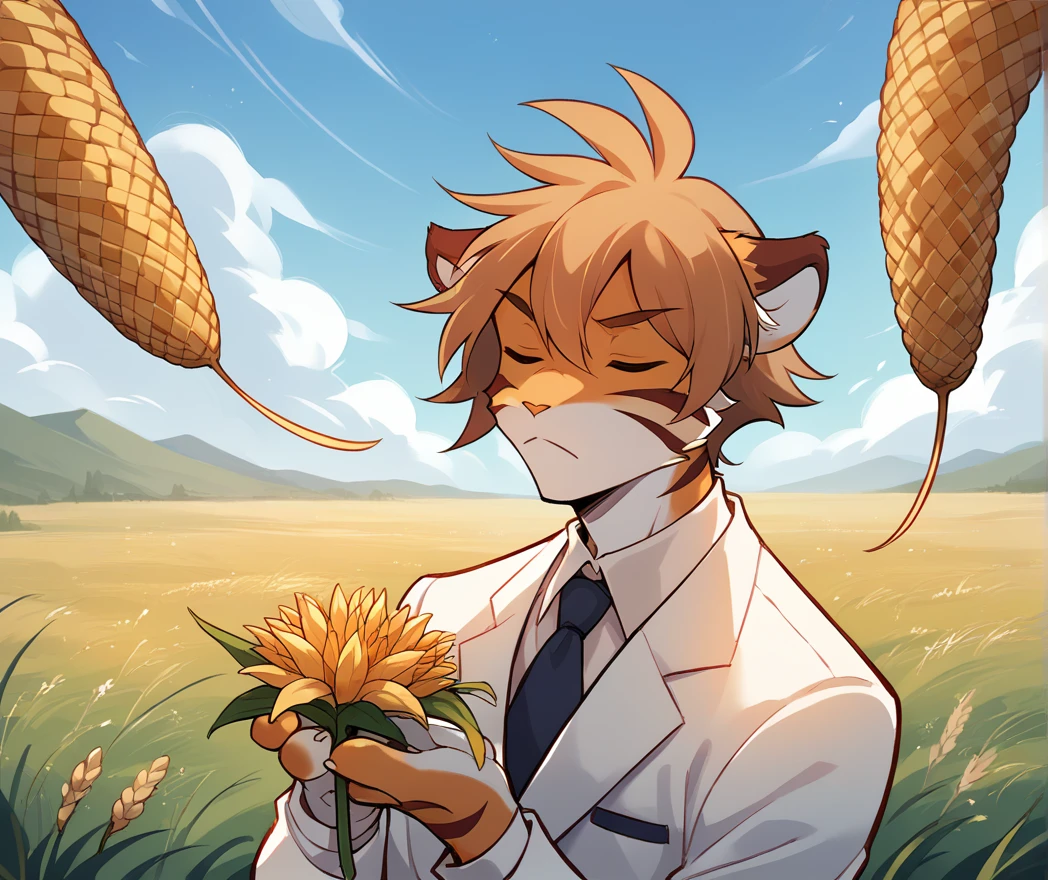 A tiger, in Pompadour hairstyle, in a white suit, holding a lily, in the face, with eyes closed, in the middle of a wheat field, bottom, in windy.