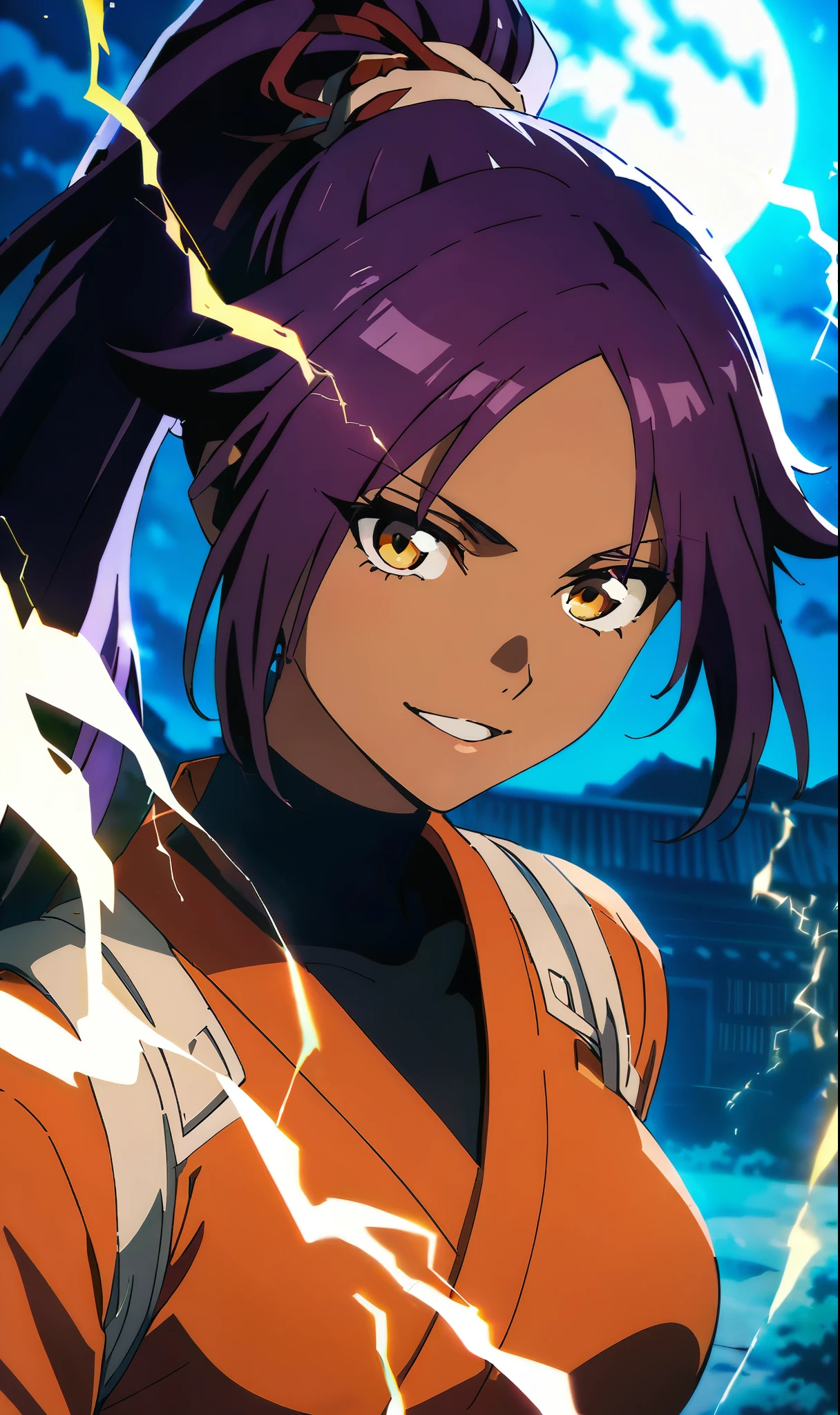 Yoruichi, outdoors, parted lips, full moon, yellow eyes, smile, night sky, long hair, purple hair, ponytail, dark-skinned female, parted bangs, dark skin, 1girl,medium breasts,orange shirt, looking at viewer,portrait, electricity,anime screencap
,best quality, masterpiece,