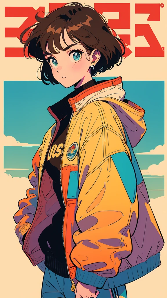 beautiful girl, short light brown hair, dynamic pose, jaqueta larga estilo oversized streetwear, fleece jacket, roupas estilo oversized streetwear, 79s anime style, Futuristic Japanese Poster from the 70s, futuristic 70s Japanese magazine cover, very colorful, Strong and vibrant colors 