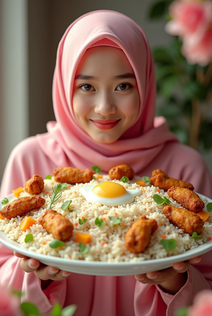 12 years old little malay girl in pastel light blue hijab hold and eat roasted chicken drumstick happily, front view, smile, happy, light blue kitchen background, bokeh, ray lighting, style raw, pastel color grading, Super 8mm lens, close-up, Deep Focus cinematography effect, high quality, ultra detail, 8k resolution,