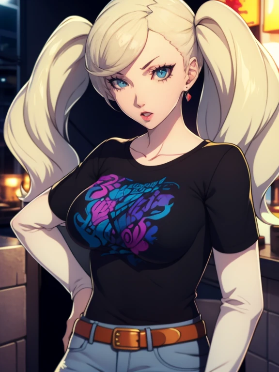 AnnTak, twintails, blue eyes, blonde hair  ,earrings ,lipstick, eye shadow , 1girl, solo, black t-shirt, white shirt, blue jeans, belt, lipstick, large breasts