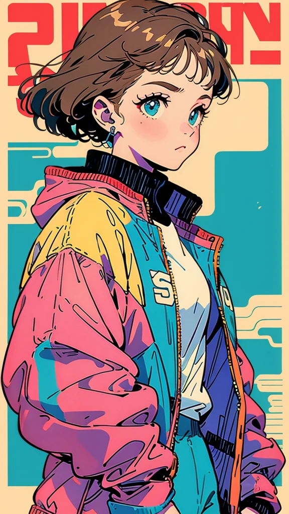 beautiful girl, short light brown hair, dynamic pose, jaqueta larga estilo oversized streetwear, fleece jacket, roupas estilo oversized streetwear, 79s anime style, Futuristic Japanese Poster from the 70s, futuristic 70s Japanese magazine cover, very colorful, Strong and vibrant colors 