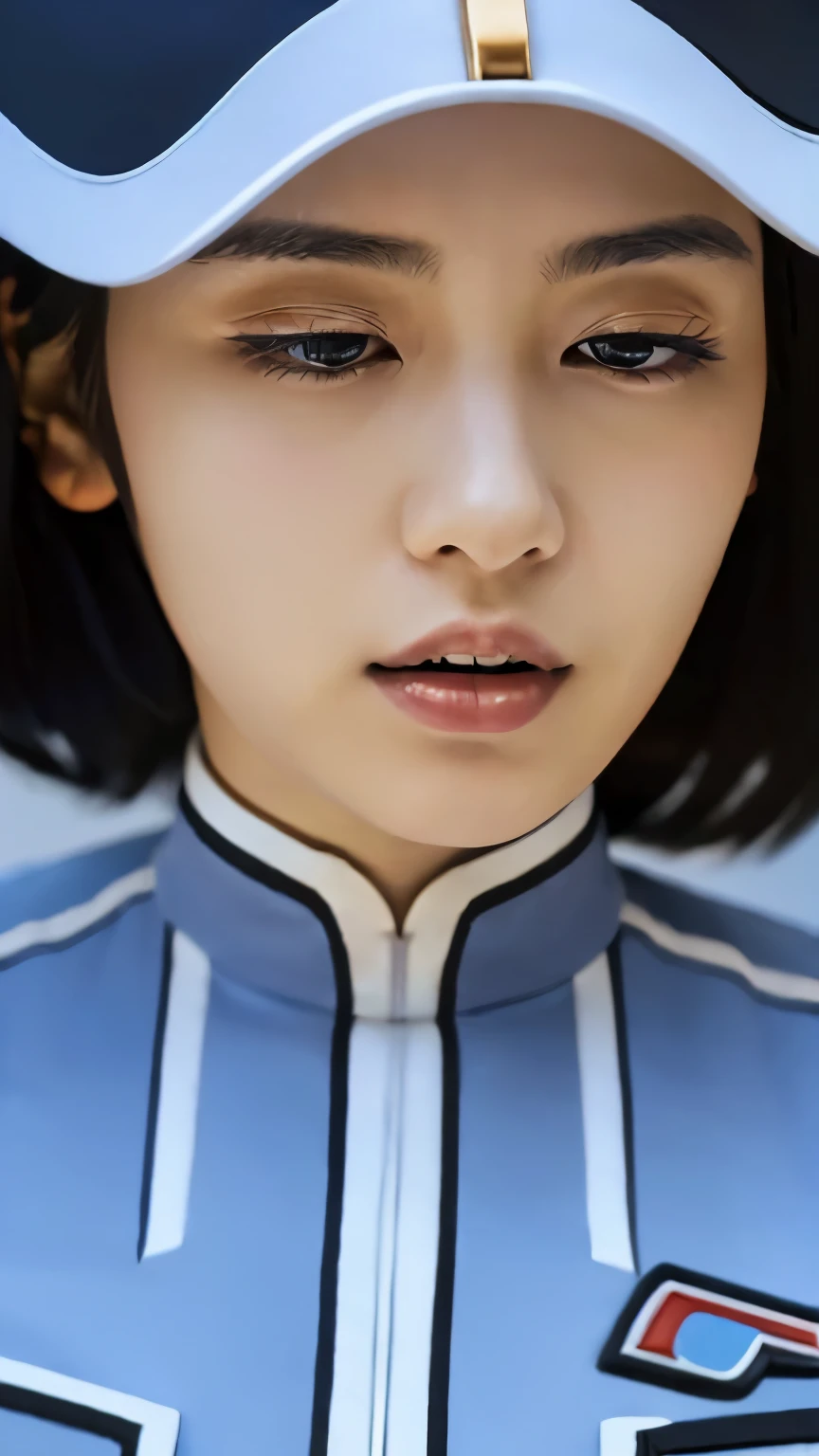 (Best Quality, 8k, 32K, masterpiece, Ultra-high resolution:1.2),Beautiful Japanese Women Photos, 40 years old、Slim figure、(from the front、close up:1.4)、(Straight black hair), (One Japanese woman、Hypnotized、Closed eyes、Open your mouth), (((Ultra Guard uniform and pants)))