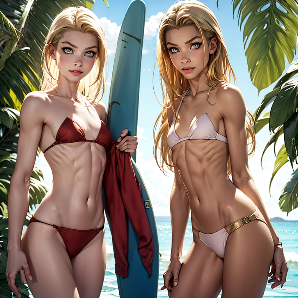 Baywatch, young blonde woman, 20 years old,:1.2, red one-piece swimsuit, buoy, thin, pale blue eyes, beach, ((running in water)), wet: 1.5, back
