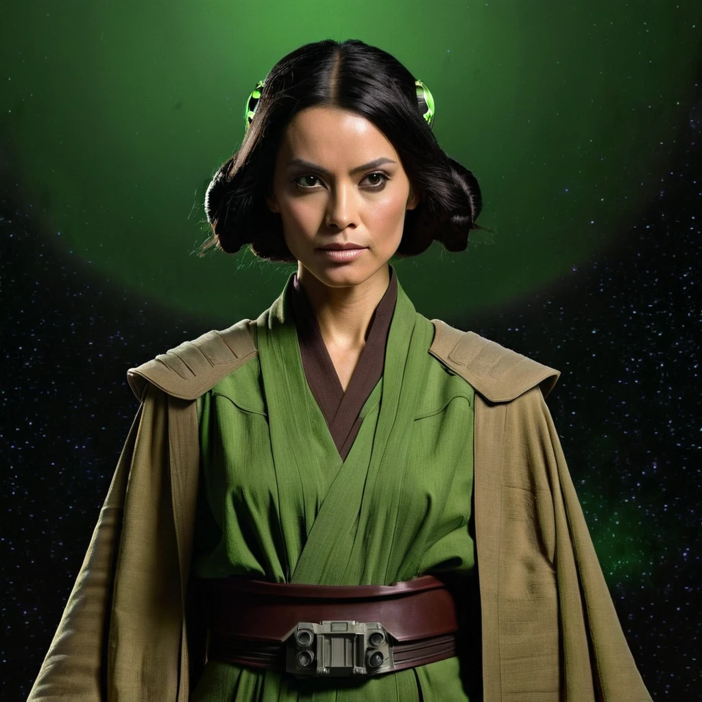 Generate a female jedi Mirialan (an alien speices in star wars) wearing brown and tan robes
High Resolution, Green Skin, Simple background, Black Hair, Hair Ornament, Skin is Green