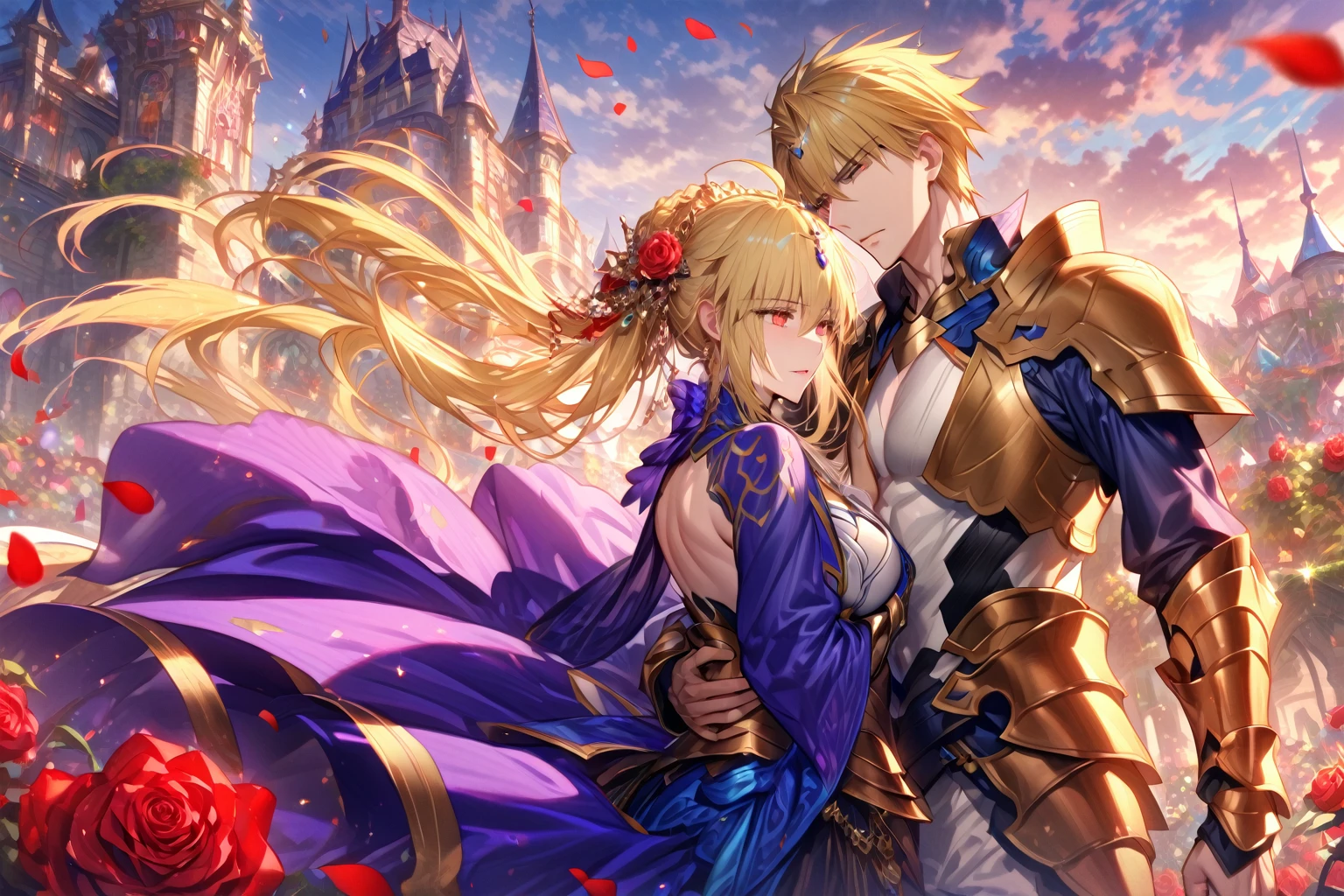 absurdres, highres, ultra detailed, HDR, master piece, Gilgamesh, blonde hair, expressive red eyes, black clothes, Artoria Pendragon, blonde hair, expressive turquoise eyes, white clothes, man together with a beautiful woman, couple, in love, best quality, Fate Grand Order, fantasy, magical, sensual, glittering, accessories, handsome, adult face, garden, blue sky, red roses, red petals, castle, armor