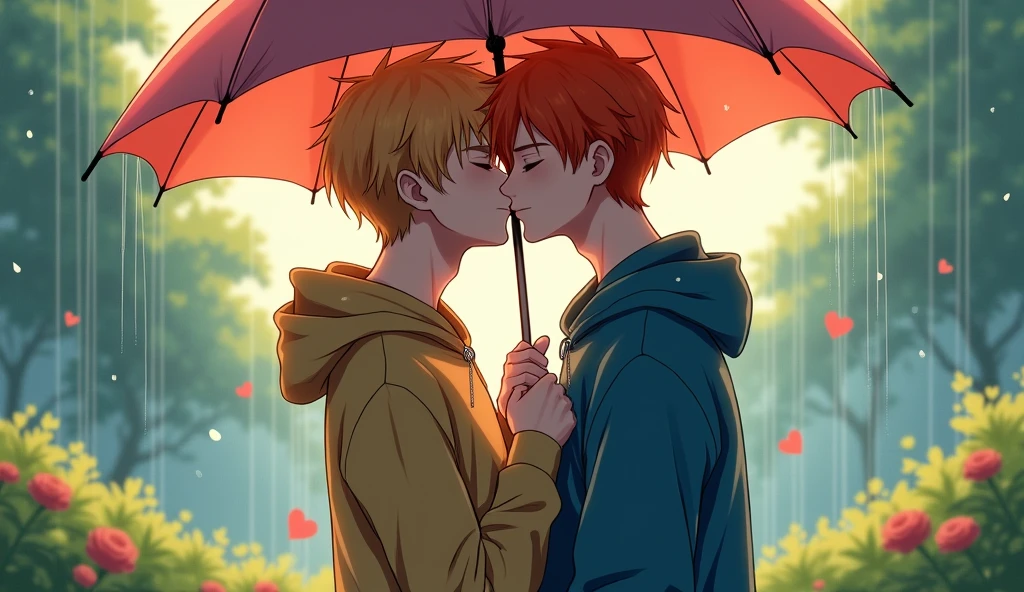 Young black haired Asian male, short, with glasses and eyes closed, thin features, with the Slytherin uniform black and green robe, White shirt, kissing young pink haired boy with short childlike facial features on the beach of a lake