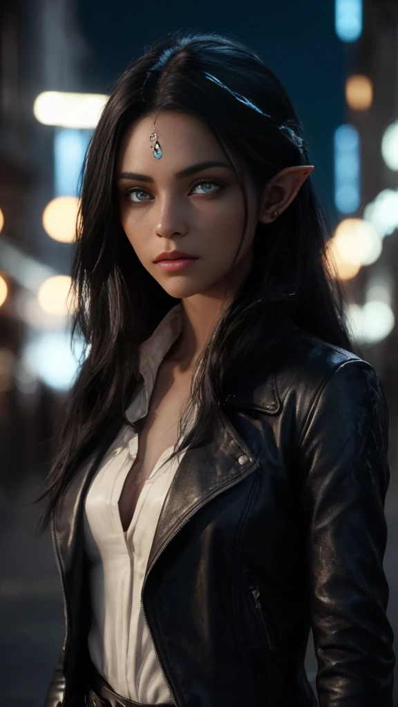 A beautiful young female Drow elf with messy long flowing white hair and (long pointy ears). she has ((glowing ruby)) eyes and (((obsidian black skin))). She is wearing a leather jacket above a white cloth shirt, standing in a small town in the middle of the night. highly detailed, high Quality, realistic, masterpiece