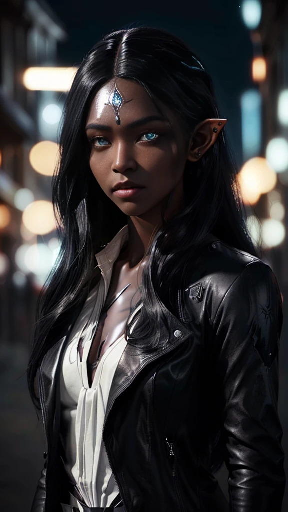 A beautiful young female Drow elf with messy long flowing white hair and (long pointy ears). she has ((glowing ruby)) eyes and (((obsidian black skin))). She is wearing a leather jacket above a white cloth shirt, standing in a small town in the middle of the night. highly detailed, high Quality, realistic, masterpiece