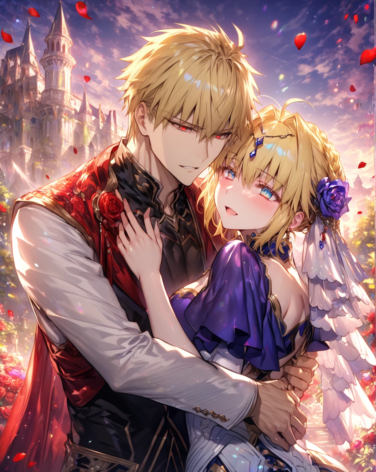 absurdres, highres, ultra detailed, HDR, master piece, Gilgamesh, blonde hair, expressive red eyes, black clothes, Artoria Pendragon, blonde hair, expressive turquoise eyes, white clothes, man together with a beautiful woman, couple, in love, best quality, Fate Grand Order, fantasy, magical, sensual, glittering, accessories, handsome, adult face, garden, blue sky, red roses, red petals, castle, happy