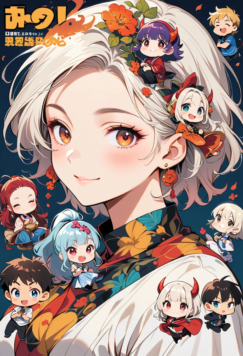 Shonen manga, shonen manga cover, a giant woman with horns, several chibi characters around her head, she smiling, Blindfolded eyes, long white hair, ram&#39;s horns
