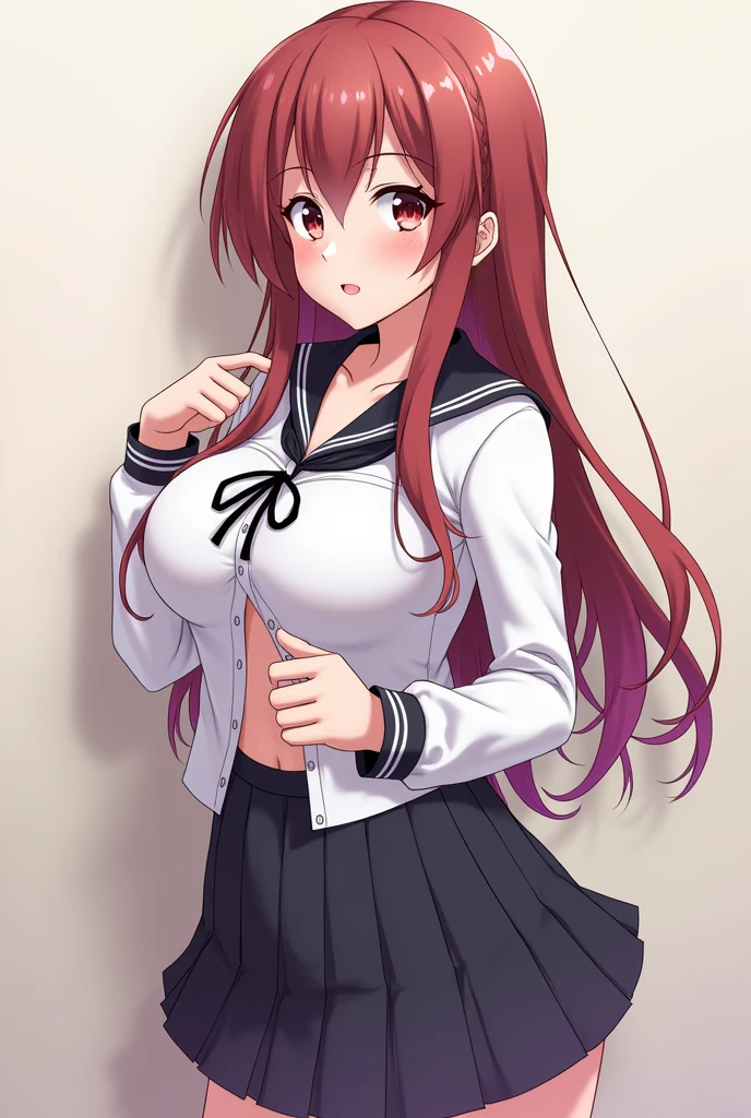 UHD, masterpiece, anatomically correct, textured skin, super detail, best quality, highres, full body, This anime character's name is "B", "B" is for 1girl, solo, Characters similar to rias gremory, "painting style : gainax anime style, kyoto animation style, inspired by Tsubasa Nakai, anime moe artstyle, anime visual of a cute girl, seductive anime girl, beautiful alluring anime teen, smooth anime cg art, clean detailed anime art, painted in anime painter studio", 20 years old, light brown hair, straight hair, long hair with two sides up, mid back length hair, droopy eyes, (very big eyes), beautiful green eyes, rounded eye shape, face contours similar to rias gremory, White and healthy complexion, (smooth skin), (slender figure), Height:160cm, Bust:80cm, Waist:60cm, Hips:80cm, (puff short sleeve), sailor collar, (black pleated skirt), ribbon on the chest, smile