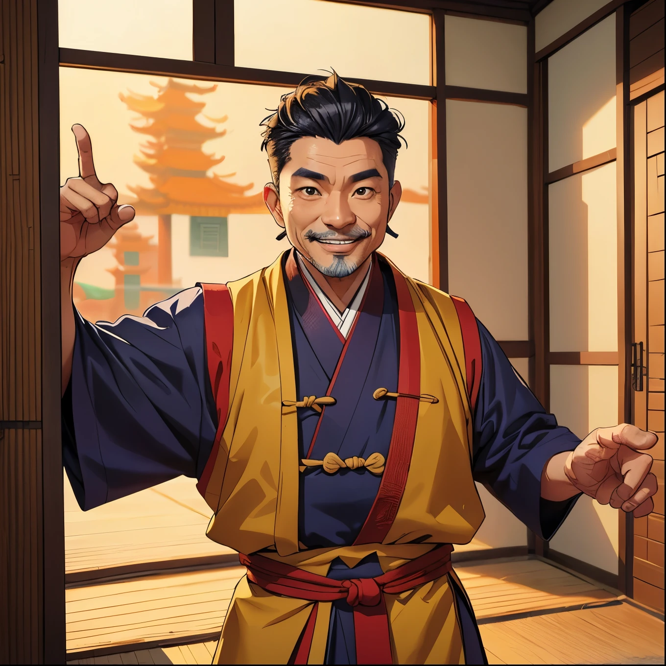 ((detailed)), ((solo Chinese male)), ((standing in a dojo)), 50 years old, elderly man, black hair, brown eyes, dressed like a chinese martial artist, smiling, colorful clothes, thin mustache