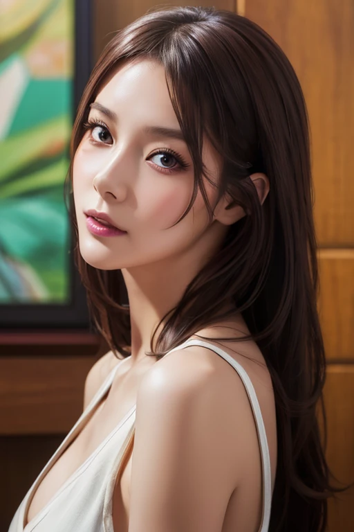24 year old woman、Hair color is brown.、Eye color is dark brown.、wide、The ends of my hair are curled outwards.、Thin but well proportioned muscular man.、a smile、I'I'm wearing a necklace、accessories on the wrist、wearing an off the shoulder knit dress、I'm wearing sandals、Being in a photography studio.、There is a small Victorian round table..、a smile、wearing a lace choker
