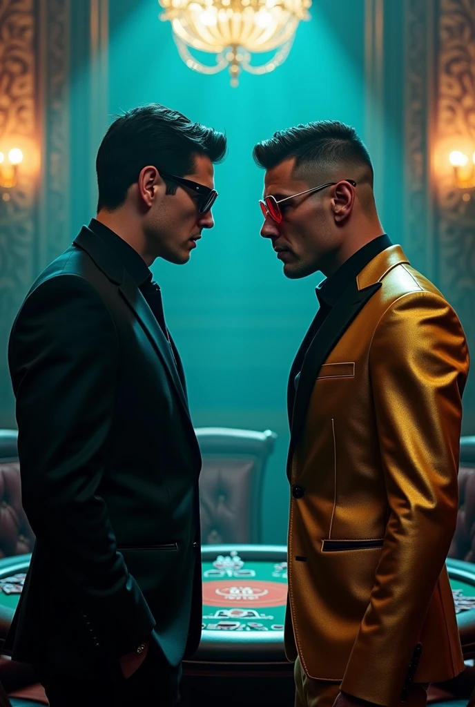 Fearless Black dark Haired no wrinkles on the face white Scott Adkins wearing a black suit wearing black cyclist sunglasses talking to limpbizkit's vocalist: Fred Durst wearing a golden and black suit wearing red burgundy sunglasses at a admiral blue poker room 