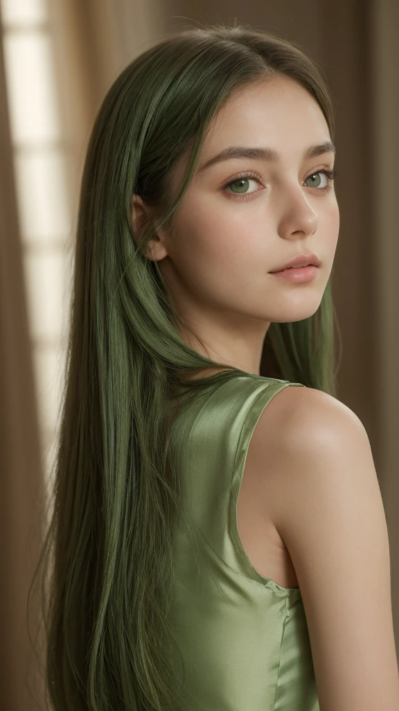 A young girl, Europe, Extremely detailed face, plump face, Oval face, green hair, green eyes, Long hair, two-strap silk dress, collarbones, exposing shoulders, sad mood, battle front, pose facing the viewer