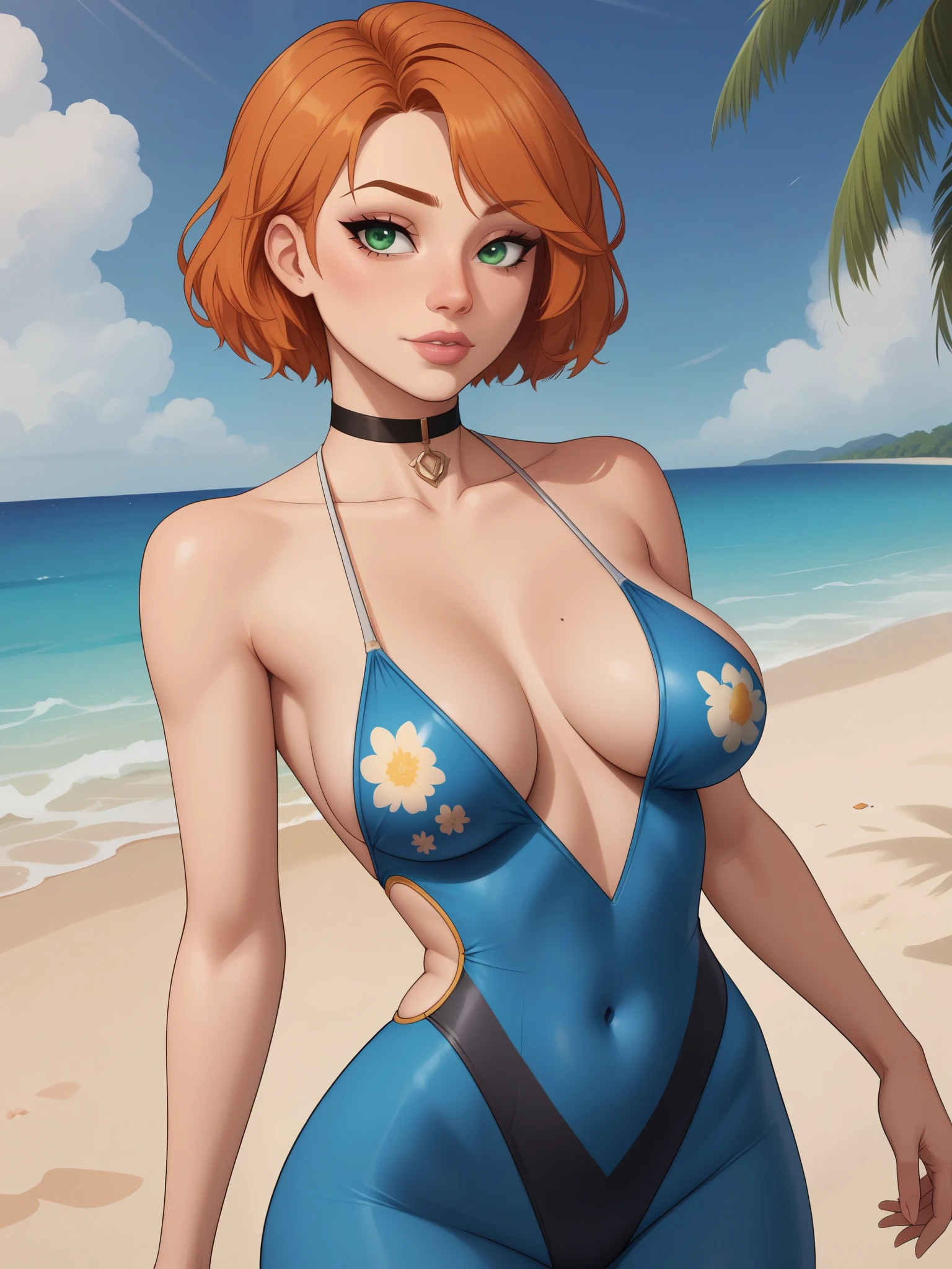 Gwen Tennyson. 1girl. ginger. short hair. green eyes. light pink lips. black makeup. small sagging breasts. big hips. slim body. choker. flover print swimsuit, beach