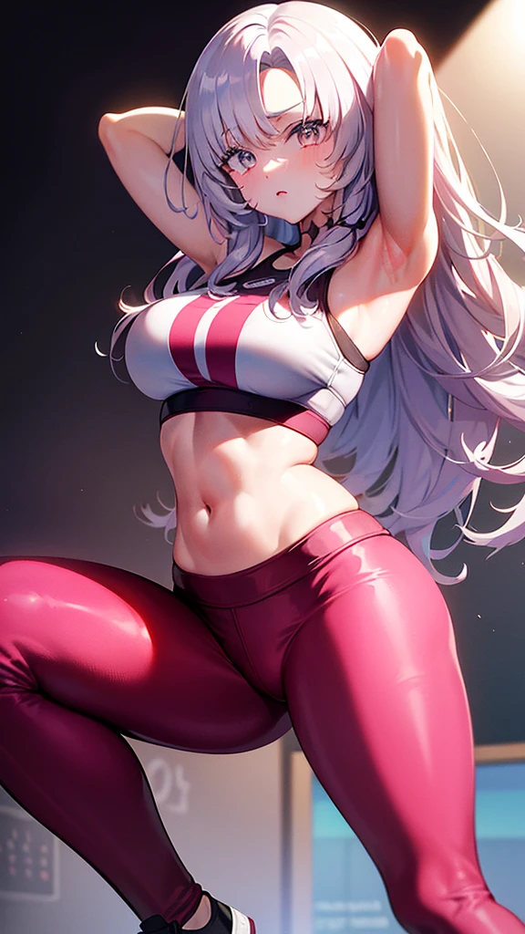 one white girl, zero two, anime, hyuga clan, bust, solo, full body, legs, abs, slender body, pink eyes, beautiful eyes, pink hairt, long hair, nsfw, (huge breasts, open breasts, small breasts:1.3), bare shoulders, bare neck, masterpiece, highly detailed, shiny blured grey background, gradient sprayed background, gradient red purple background, blured background, big nipples, glowing edges of image, (red underwear:1.3)