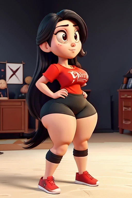 A girl with long black hair, she with very huge tits, a huge round ass, big sexy buttocks, huge thighs, thin waist, wide hips, dressed in a red and black sports shirt, and tight black shorts, which only cover her buttocks, playing volleyball