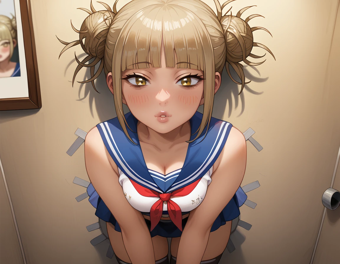 masterpiece, best quality, highres, perfect pixel, depth of field, 1girl, single, solo, beautiful anime girl, beautiful artstyle, (detailed face), (blush), anime CG style, (medium breasts), good lighting, perfect body, lips parted, (Himiko Toga), glossy lips, cleavage, cheerleader, short skirt, lace panties, thigh highs, (glory wall pose:1.4), (picture in a frame), (ass focus:1.2),