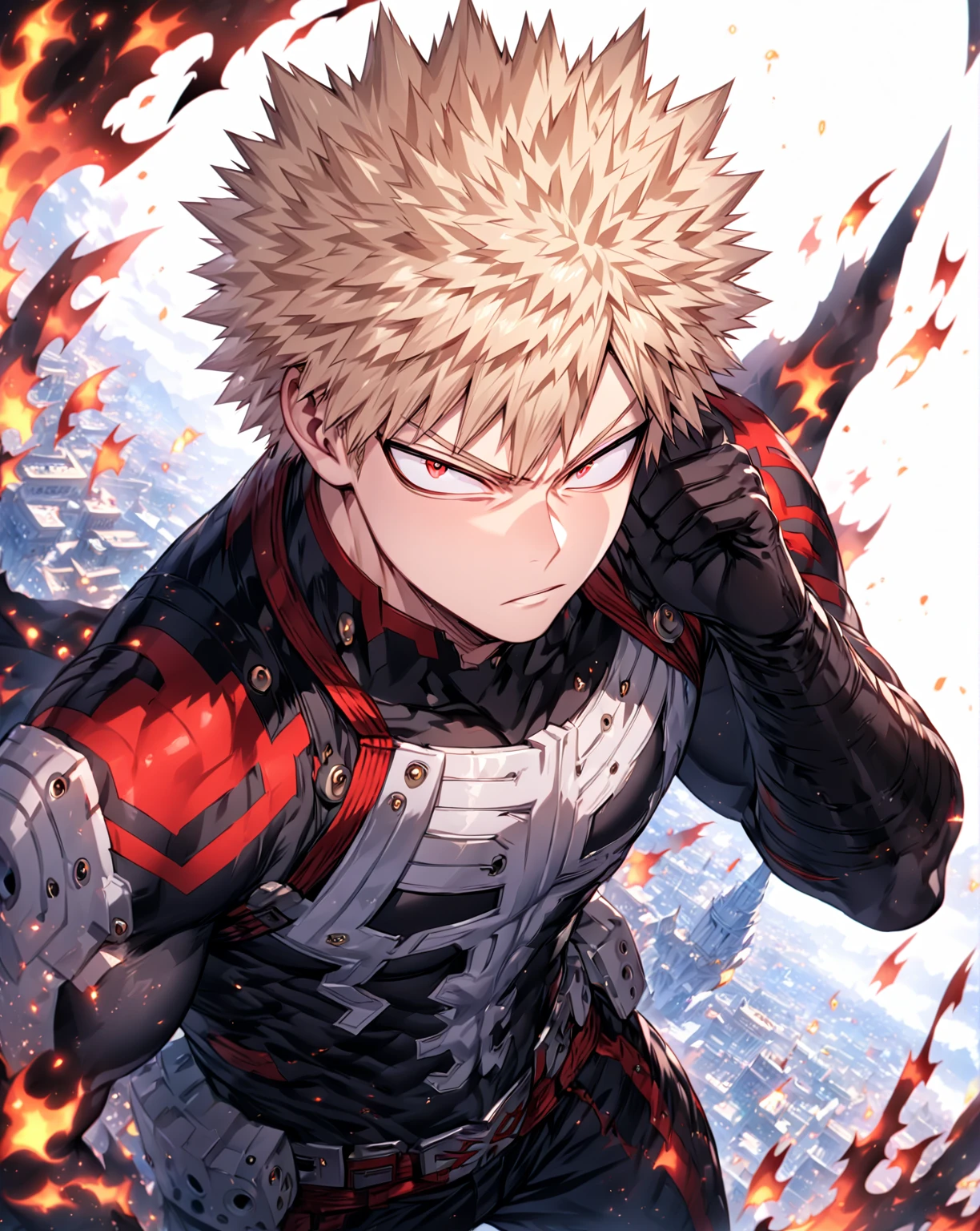 absurdres, highres, ultra detailed, HDR, master piece, Bakugo Katsuki, ash blonde hair, expressive red eyes, black hero clothes, black gloves, Boku No Hero Academia, sexy man, solo, best quality, Fate Grand Order, fantasy, magical, sensual, glittering, accessories, handsome, manly man, mature man, flames, city, blue sky