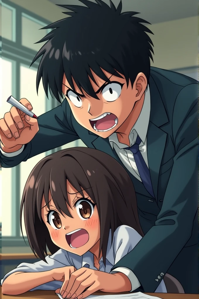 A naked middle-aged man slaps the cheek of a cute girl with modest pubic hair and a black bob, who is crying and thrashing about in anger.、classroom