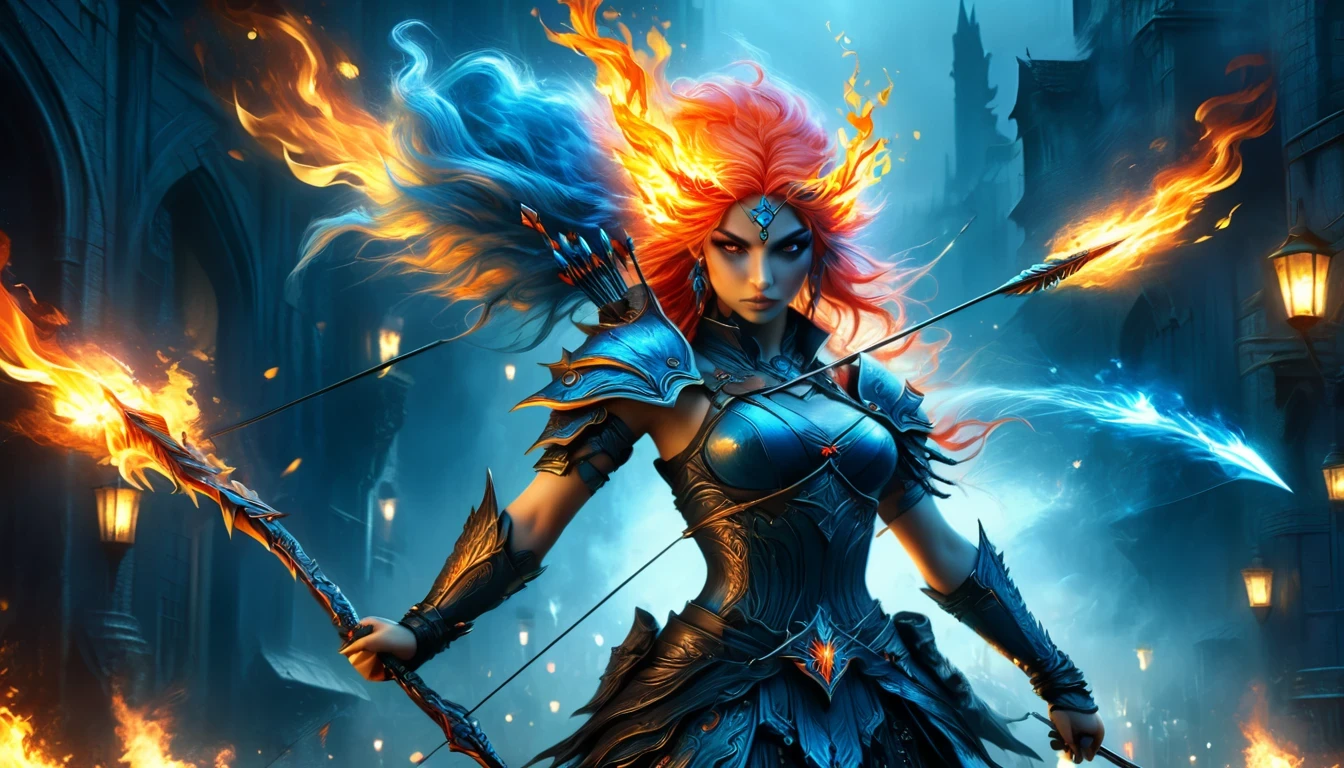 a woman with blue hair and a bow and flaming arrows in a dark city, fantasy art style épica hd, detailed fantasy art, detailed fantasy digital art, 4k fantasy art, arte de highly detailed fantasy, detailed 2d digital fantasy art, fantasy art hd, anime cgi fantasy art 2. 5 d, fantasy art style épica, highly detailed fantasy, high quality fantasy art, fantasy art style
