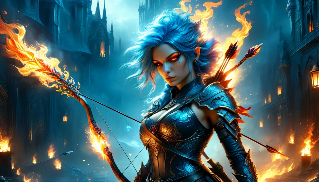 a woman with blue hair and a bow and flaming arrows in a dark city, fantasy art style épica hd, detailed fantasy art, detailed fantasy digital art, 4k fantasy art, arte de highly detailed fantasy, detailed 2d digital fantasy art, fantasy art hd, anime cgi fantasy art 2. 5 d, fantasy art style épica, highly detailed fantasy, high quality fantasy art, fantasy art style