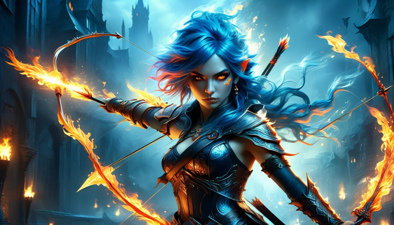 a woman with blue hair and a bow and flaming arrows in a dark city, fantasy art style épica hd, detailed fantasy art, detailed fantasy digital art, 4k fantasy art, arte de highly detailed fantasy, detailed 2d digital fantasy art, fantasy art hd, anime cgi fantasy art 2. 5 d, fantasy art style épica, highly detailed fantasy, high quality fantasy art, fantasy art style