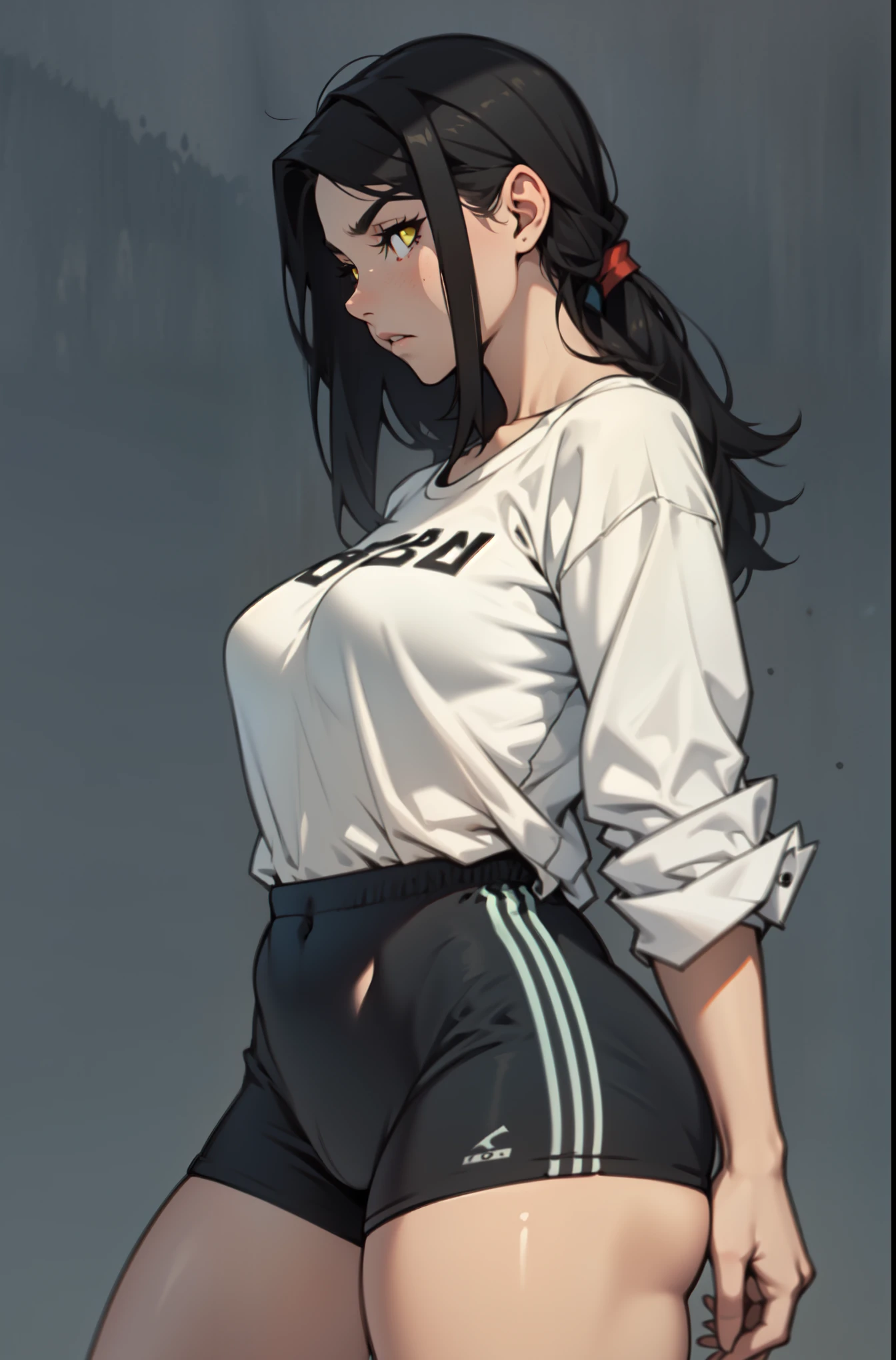 sad girl muscular muscular muscular breasts breasts breasts thick thick thick thick black hair yellow eyes pale skin pale skin thick thick thick long sleeve dark atmosphere thick thick thick thick thick thick muscular simple background sad sad sad girl sad girl tigth shirt