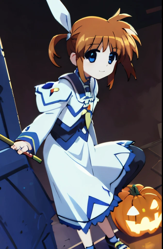 High quality, shining blue eyes, Lilikarnanoha, dressed in Halloween costume, kind smile, closed mouth smile, one girl, blue eyes, Halloween costume, Halloween festival, five fingers, hand on knee, closed mouth smile, a little mature, with bangs, blue eyes, shining eyes.