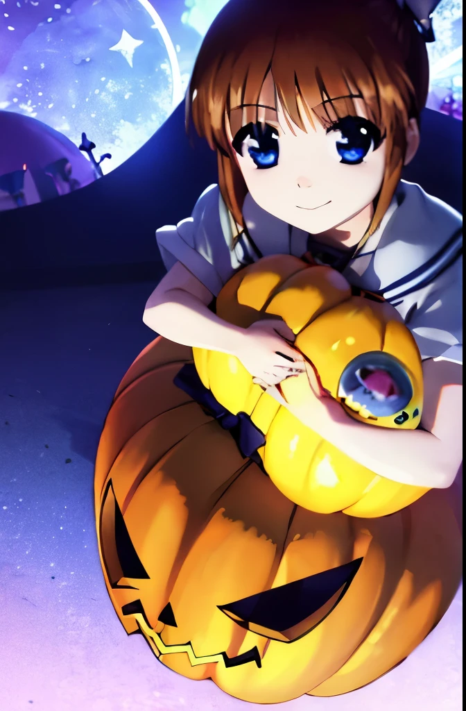 High quality, Shining blue eyes, One girl, Ririkarunanoha, wearing Halloween costume, kind smile, closed mouth smile, One girl, blue eyes, Halloween costume, Halloween festival, 5 fingers, hands on knees, closed mouth smile, a little mature, with bangs, blue eyes, shining eyes.