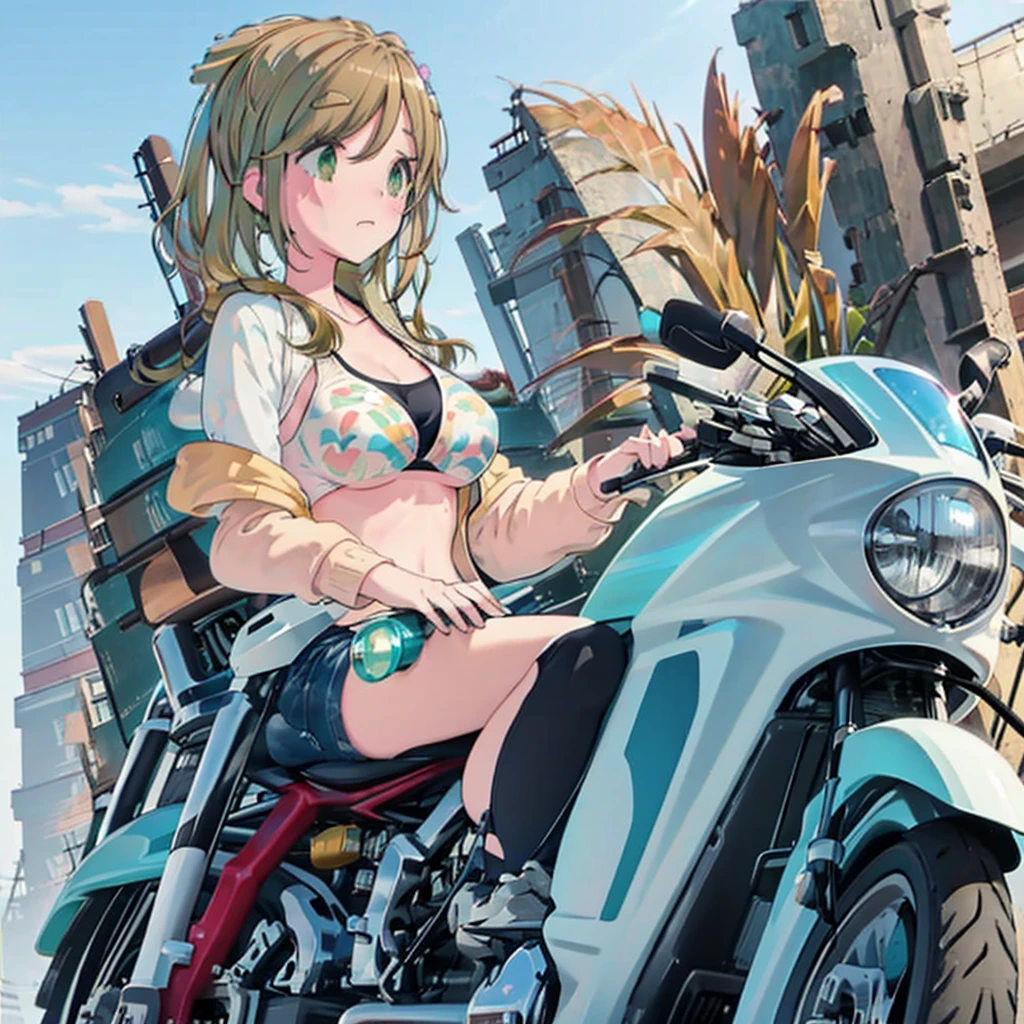 masterpiece,One girl,8k,Building city background,motorcycle,motorcycleにまたがっている,motorcycleに乗っている,スクランブラースタイルのmotorcycle,ホンダのmotorcycle,Honda Rebel 250,メタリックブルー色のmotorcycle,blush,Light brown hair,Semi-long hair,Light green eyes,topless,Swimwear,Not wearing a jacket,No shirt on,Black bikini top,Big Breasts,Cleavage,Erect nipples,Denim shorts,Facing forward,NSFW