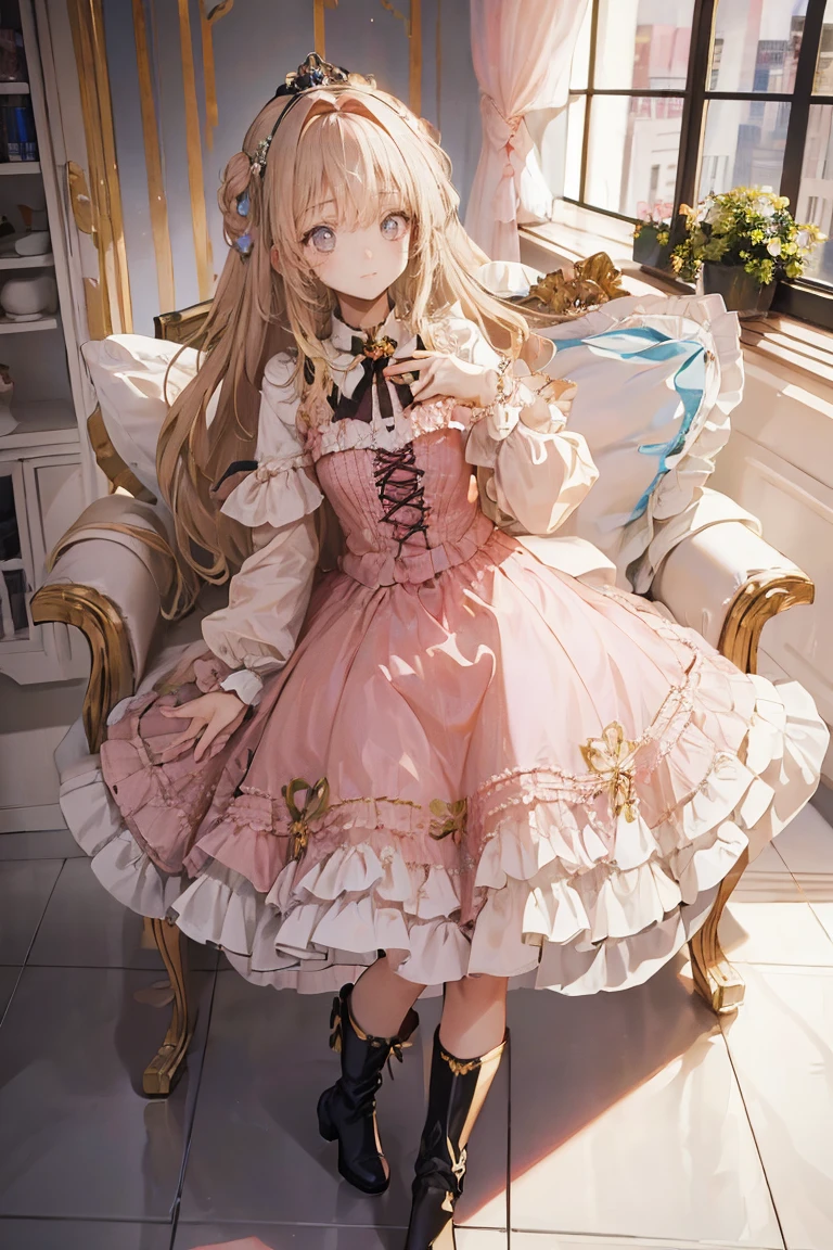 (Highest quality,4K,High resolution,masterpiece:1.2),Very detailed,Realistic:1.37,,、((Pink Dress)), Hyperrealistic photo of a girl in a majestic light pink and gold ball gown dress, Big beautiful dress, Lots of frills and rhinestones、Intricately voluminous ball gown (Highest quality, Tabletop, Art Station, Fantasy art:1.2), Beautiful cute girl, (Long blonde curly hair:1.1), (Intricate short gold skirt, Full Body Shot)、Anime Style、Storytelling、、Beautiful girl、Very cute angel、Pink Gothic Dress、cute、Baby Face、smile、Long Skirt、,Black long boots、Highest quality, masterpiece, 最High resolution, artwork, super それにGet used to it, many Get used to it, Get used to it, それにGet used to it, woman, ,((Pink Victorian Voluminous Ball Gown Dress)),Long dress,A dress with lots of frills and ribbons..Wearing a tiara on her head,luxury,One Person, Pink brown hair,Pink Eyes、Pink World,(A girl wearing a pink princess skirt),Pink Hair,pink bedroom layout,Pink Bed,Pink mosquito net,Pink furniture,Pink color palette,(tangled, Mandala, Tangle, enTangle:0.6),(Making Art),The most beautiful chaotic shapes,Beast Design,behind,Pink High Heels,Perfect hands,
