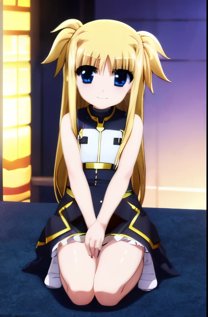 High Quality, Shining Blue Eyes, One Girl, Long Blonde Hair, Tied Up Hair, Fate of Ririkarnanoha, Wearing Halloween Costume, Gentle Smile, Closed Mouth Smile, One Girl, Blue Eyes, Halloween Costume, Halloween Festival, Five Fingers, Hands Over Knees, Closed Mouth Smile,  Adult, Bangs Description: blue eyes, shining eyes, with, Halloween costume, Halloween festivities, five fingers, hand on knee, closed mouth smile, slightly mature, bangs.