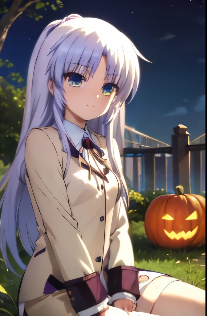 high quality, shining blue eyes, one girl, long blonde hair, tied up hair, smiling, great smile, like Kanade from Angel Beats! Halloween festivities, 5 fingers, hands on knees, closed mouth smile, a little mature, with bangs, blue eyes, shining eyes.