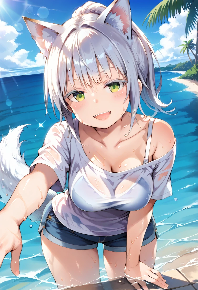 Highest quality, 4K, One woman in a swimsuit, Blue hair long, Big eyes, Young face, Ahegao, Cat ear, Small modest breasts, Small breasts, Slender Body, ((White micro bikini, Belly button exposed, Nipple erection)), Kneel on the beach, Stick your butt out, forward leaning posture, Cat Pose, ((A close-up of the crotch from a low angle, Inserting a white tail dildo into anal)), Place both hands on the ground, Get wet, Sexy pose