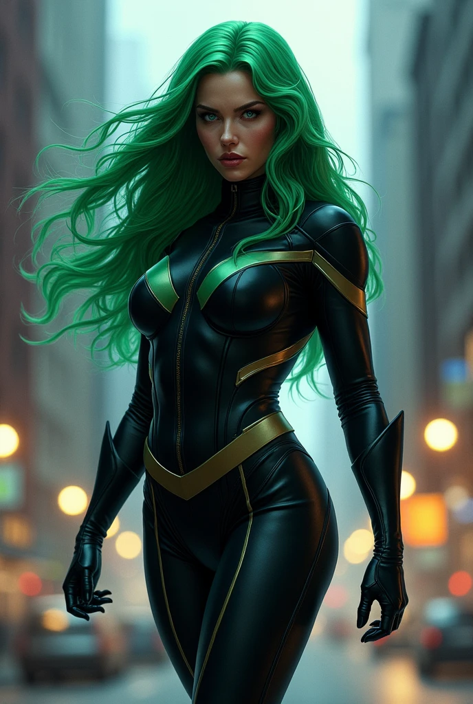 score_9_up, score_8_up, score_7_up, 1girl, solo, mature female, Hela, (((dark black long hair))), green eyes, pink lips, parted lips, fit slim body, perfect medium erected breast, (((black tight suit with green stripes, black cape))), (((mountains))), looking at the viewer, perfect model body, shy smile, seductive pose
