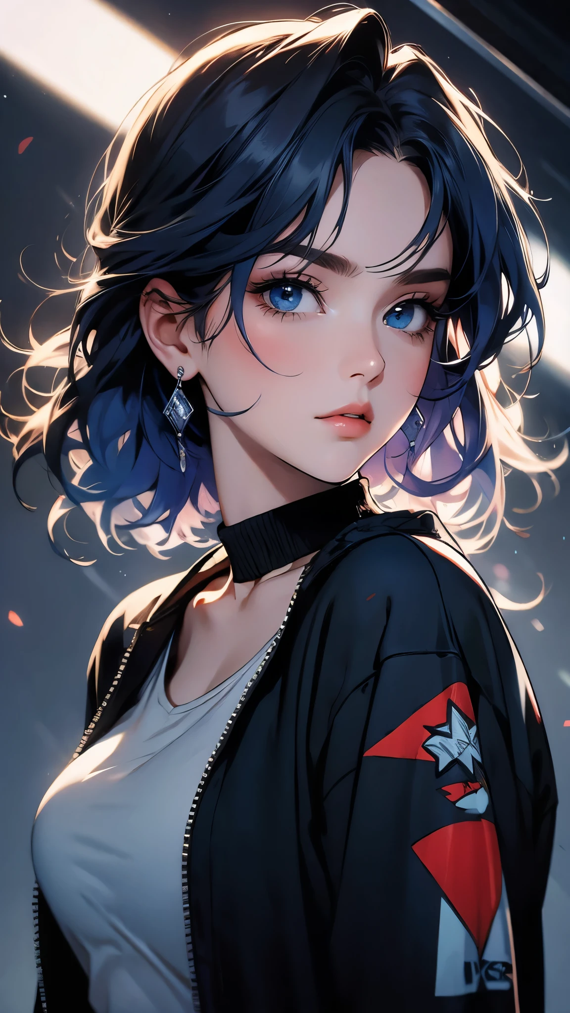 ((Masterpiece)), envision a 8k, highres, cinematic, beautiful close up portrait of a cute girl with a large curvy body, long dark blue hair, side locks, long bangs, blue eyes, bomber jacket, tank top, ((((1girl)))), in dark lighting, against a dark gray background