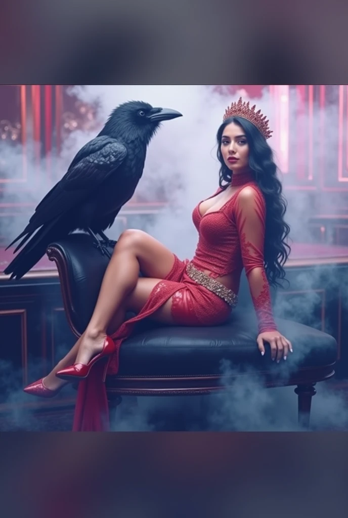 Create a realistic full body image where a woman wearing white luxury suit with black shirt, her hair is black and silky and sitting on sofa with wings with crown 👑, she's holding a 🍷 wine glass in her hand, there is smoke in background a shadow. In background the name "Bebo" bold and glowing, showing in bold reflection in shadows.