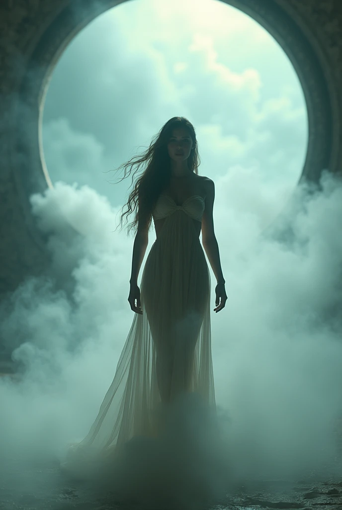 A beautiful 20-year-old Kate Mara, ethereal, ghostly, dressed in sheer near-nude billowing fabrics, a haunting beauty walking just above the ground on a moonlit night, coastal scene, dramatic lighting, volumetric fog, intricate details, cinematic, highly detailed, photorealistic, 8k