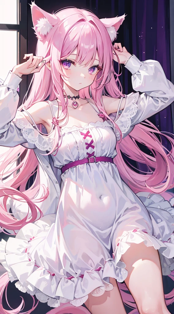 (original),(very detailed wallpaper),very detailed illustrations,(1 Girl),beautiful eyes,(delicate face),perfect detail,(long hair:1.3),(sitting:1.4),(twintails:1.2),red eyes,pink hair,smile,pink lips,bright blue eyes,stylish energy \(module\),city lights,night sky,Light Enhancement,orange theme,(best lighting),(super complex detail),4K Unity,(super detailed CG:1.2),(8K:1.2),Focus on people,From above,(Embarrassing:1.3),,full Transparent raincoat,Lolindoor,bed,tentacle,placard,