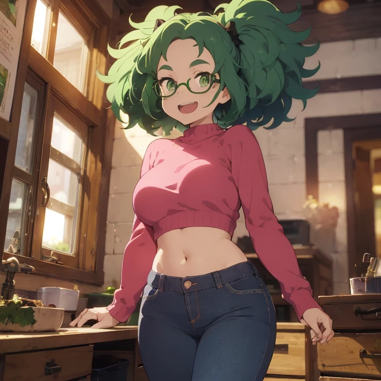 1 female, green hair, afro hair, black girl afro hair, green eyes, darker skin, brown skin, afro black skin, freckles, huge breast, thick legs, pink sweater, blue jean, long jean, belly button long shirt, black boots, boots, glasses, home, bedroom, sunset, happy face, smile, belly button long shirt, sexy pose, open mouth