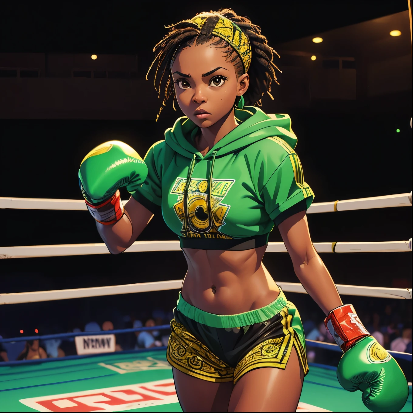 ((detailed)), ((solo African-American female)), ((standing in a boxing ring)), 20 years old dark brown hair, dark brown eyes, short cornrows, wearing a green stylized hoodie, navel exposed, green stylized boxing shorts, wearing black and gold boxing gloves, serious expression